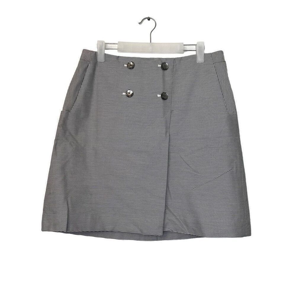 The Limited Striped Faux Wrap Lined Front Button A-Line Mini Skirt Navy White 12